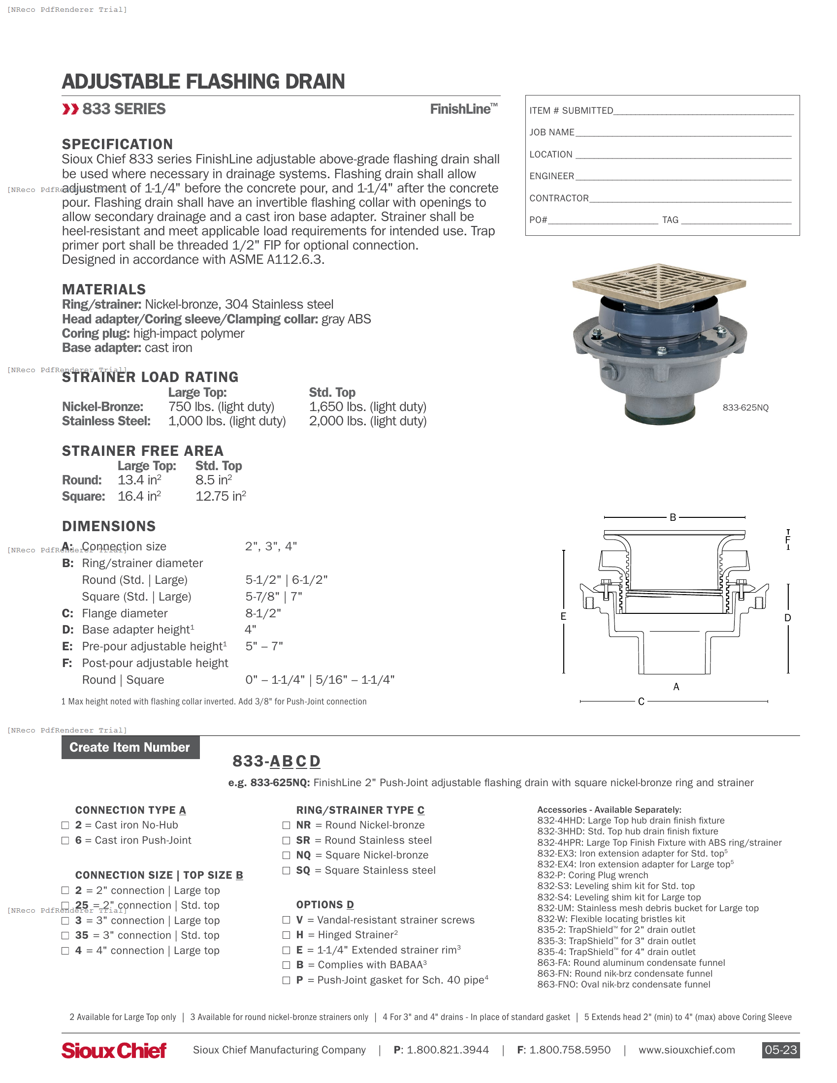 833 SERIES - FINISHLINE ADJUSTABLE FLASHING DRAIN ABS-ON-IRON - SPEC SHEET.PDF Specification Document